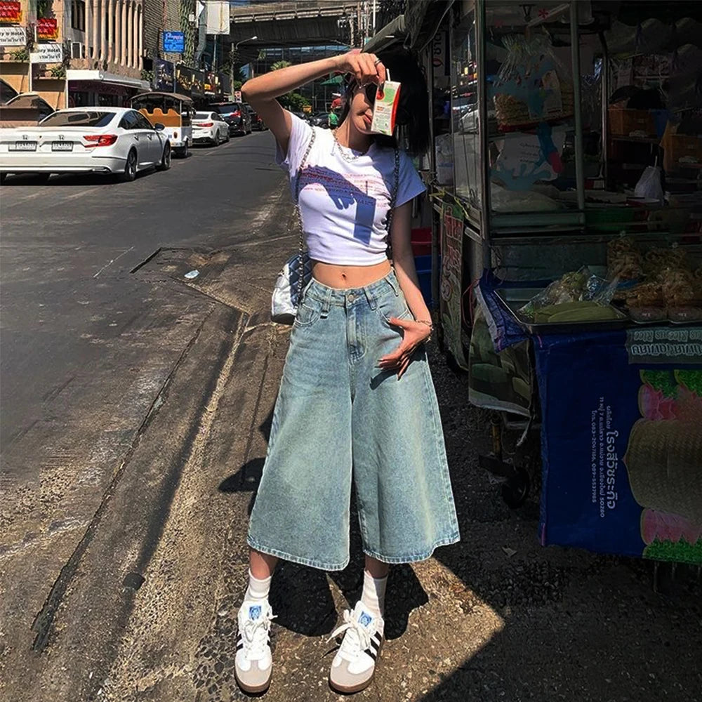 Y2K Baggy Jeans Women | High Waist Washed Wide Leg Denim Shorts
