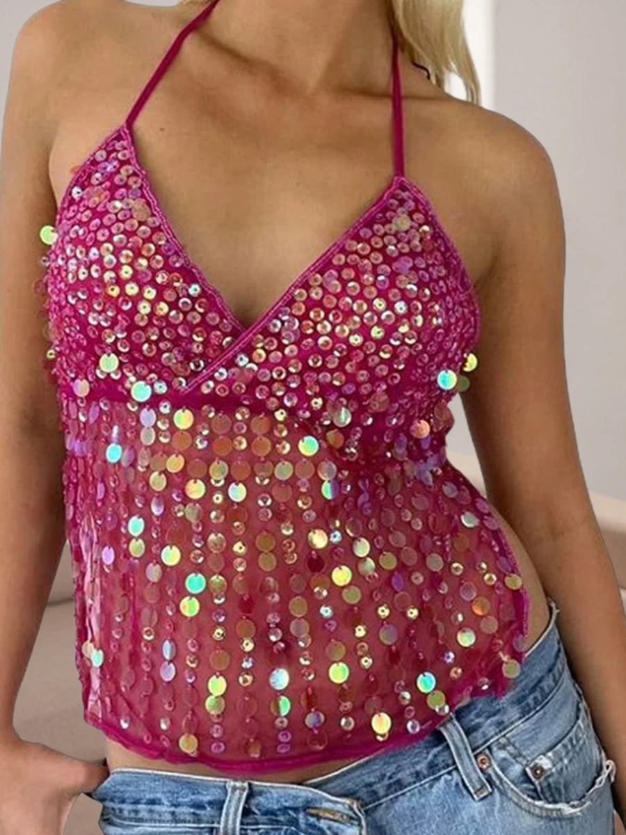 Sequin Halter Neck Crop Top | Open Back Retro Cami Women – Party Top