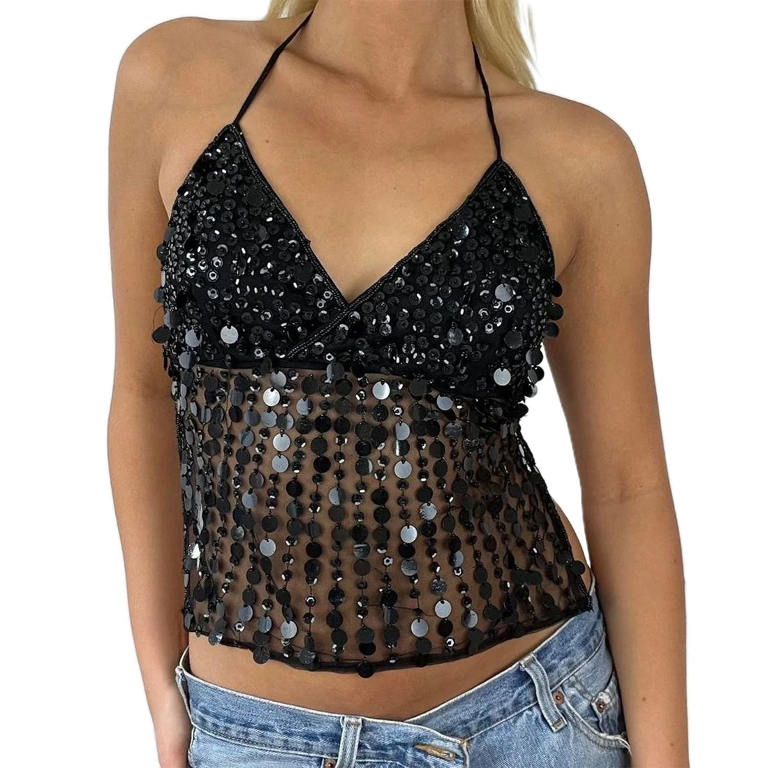Sequin Halter Neck Crop Top | Open Back Retro Cami Women – Party Top