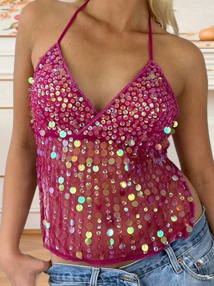 Sequin Halter Neck Crop Top | Open Back Retro Cami Women – Party Top