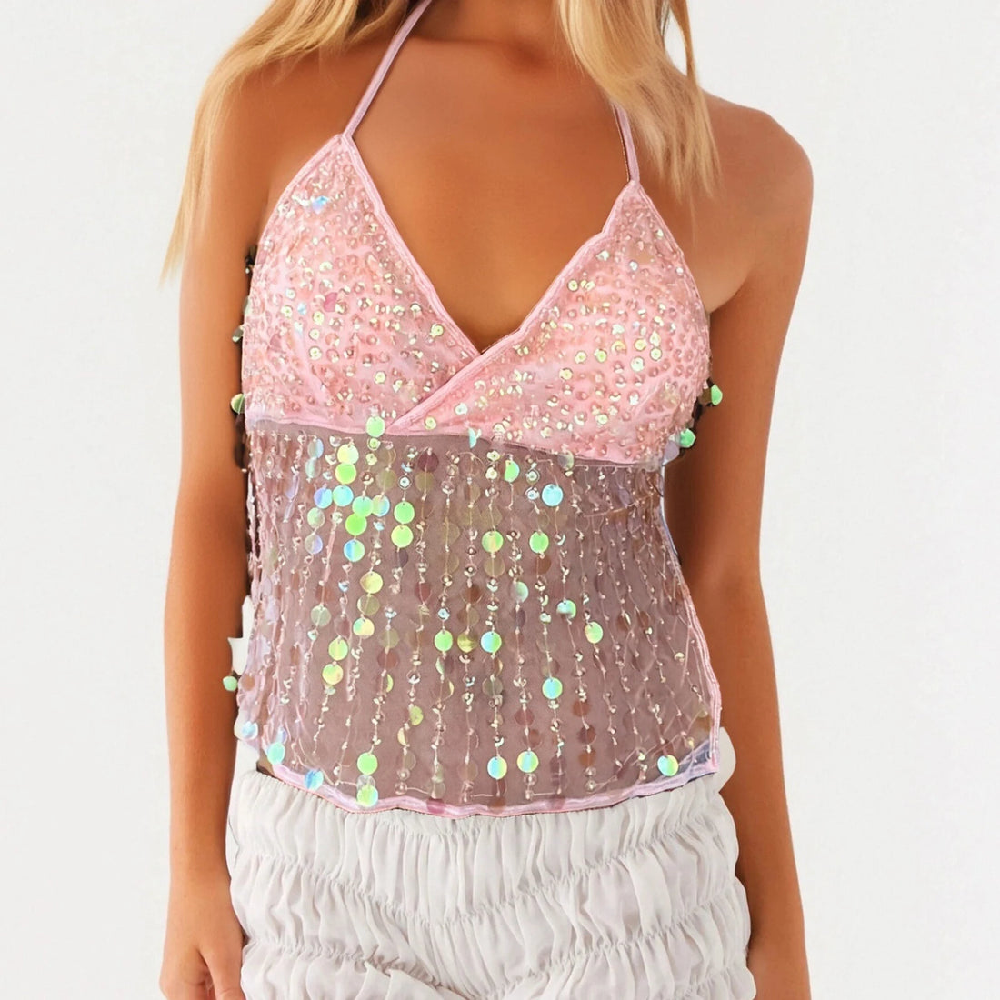 Sequin Halter Neck Crop Top | Open Back Retro Cami Women – Party Top
