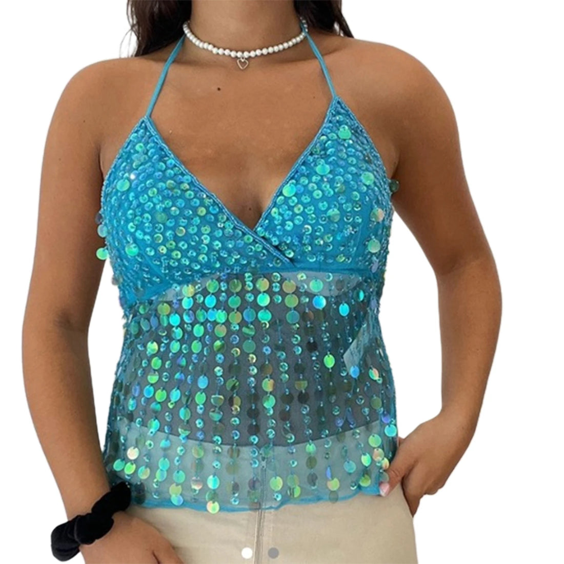 Sequin Halter Neck Crop Top | Open Back Retro Cami Women – Party Top