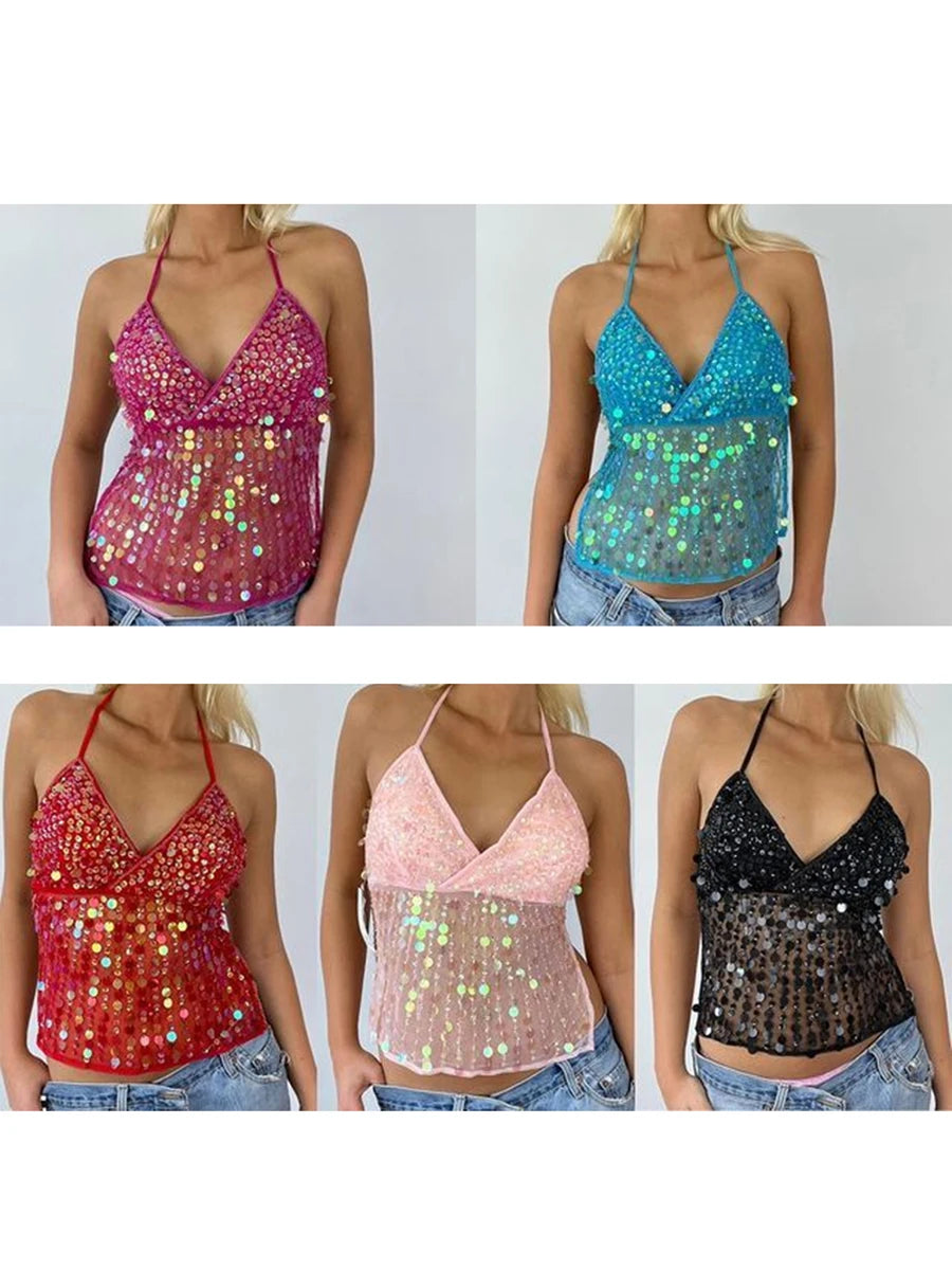 Sequin Halter Neck Crop Top | Open Back Retro Cami Women – Party Top