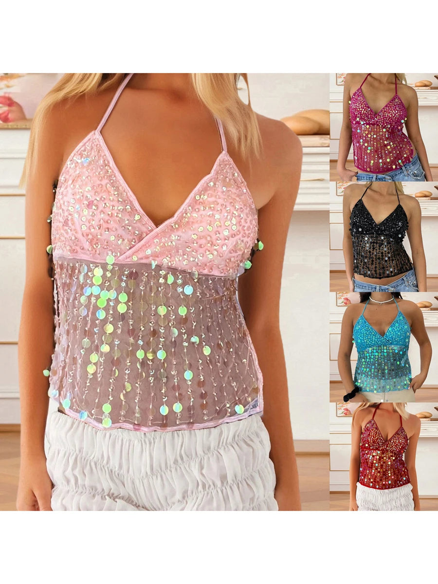 Sequin Halter Neck Crop Top | Open Back Retro Cami Women – Party Top