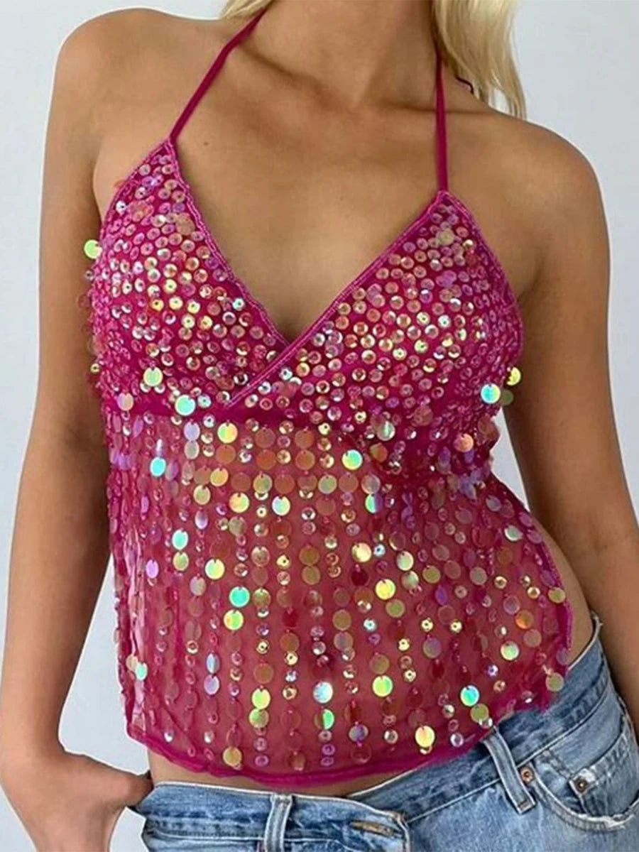 Sequin Halter Neck Crop Top | Open Back Retro Cami Women – Party Top