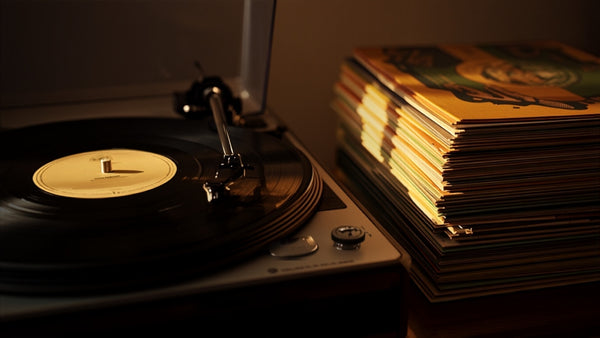 Vintage vinyl record spinning on a retro turntable with stacked LP records