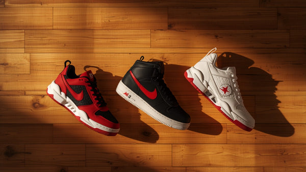 Retro basketball sneakers on a hardwood court, vintage streetwear heritage