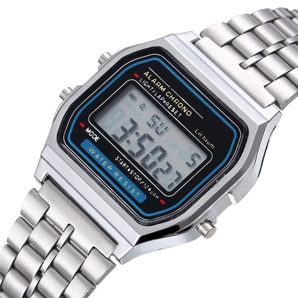 Retro LED digital watch for men in stainless steel, 80s comeback style