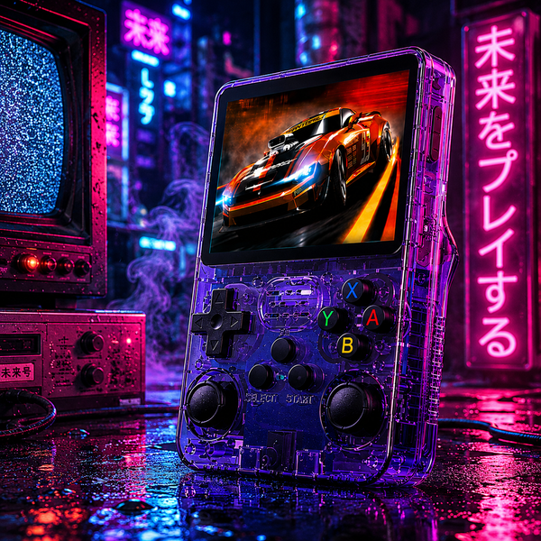 R36S retro handheld game console with IPS screen, compared to the SF3000