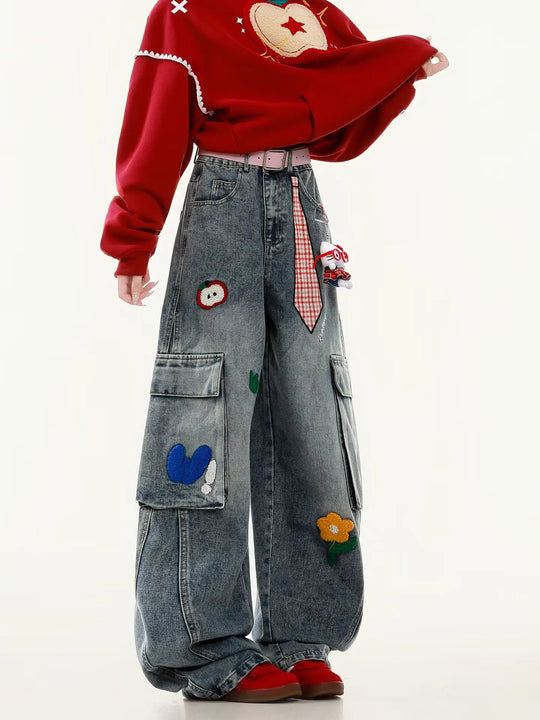 Embroidered Harajuku Wide Leg Jeans | Y2K Retro American Streetwear Women