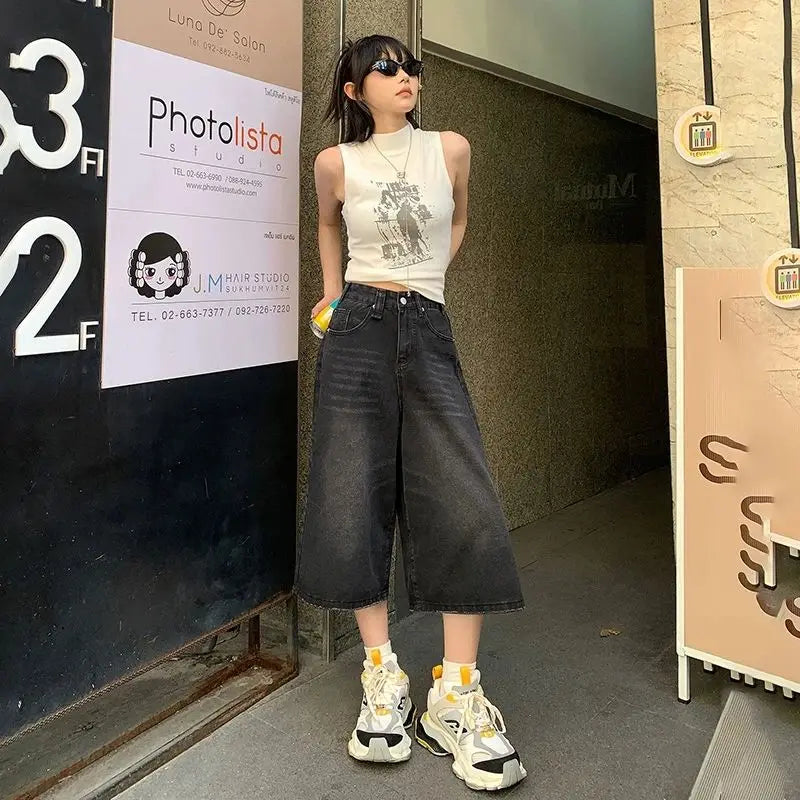 Y2K Baggy Jeans Women | High Waist Washed Wide Leg Denim Shorts