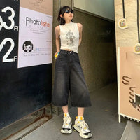Summer American Style Vintage Women Baggy Jeans Y2k Loose Washed High Waist Knee Length Denim Pants Streetwear Wide Leg Shorts
