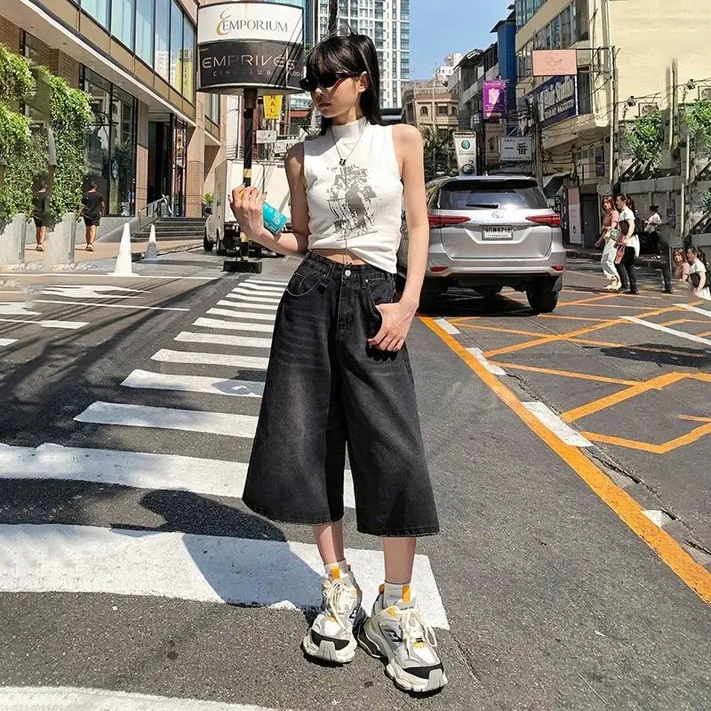 Y2K Baggy Jeans Women | High Waist Washed Wide Leg Denim Shorts