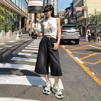 Summer American Style Vintage Women Baggy Jeans Y2k Loose Washed High Waist Knee Length Denim Pants Streetwear Wide Leg Shorts