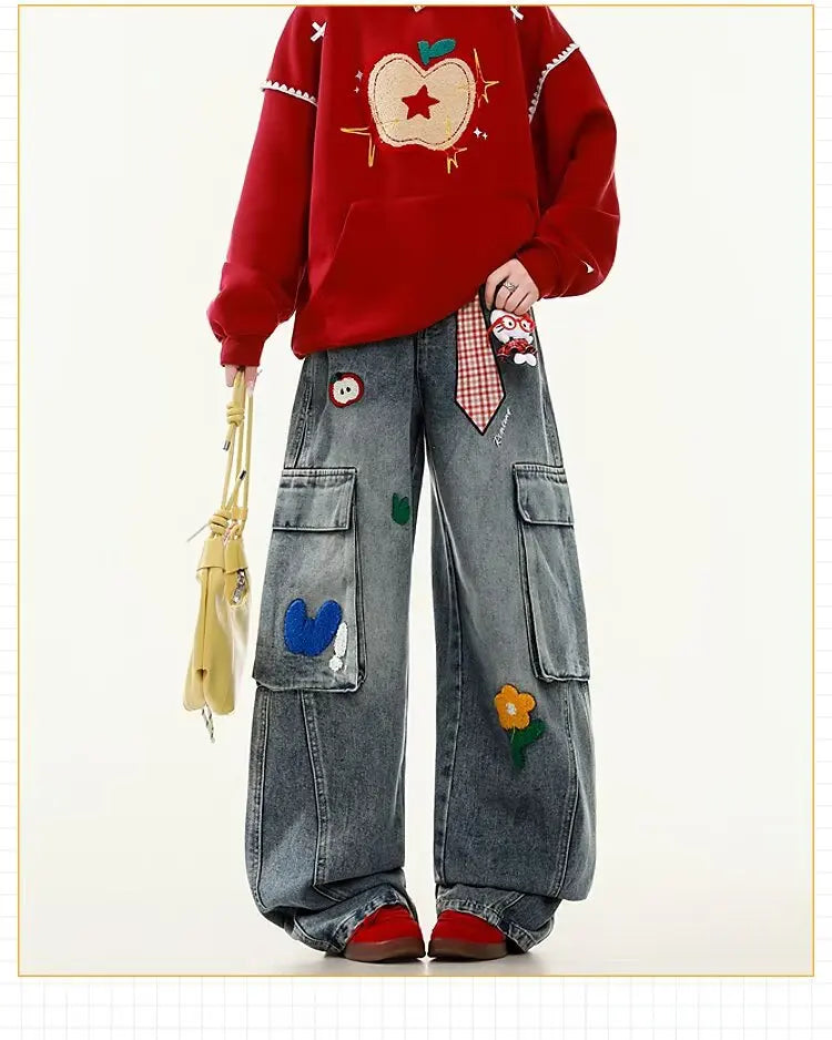 Embroidered Harajuku Wide Leg Jeans | Y2K Retro American Streetwear Women