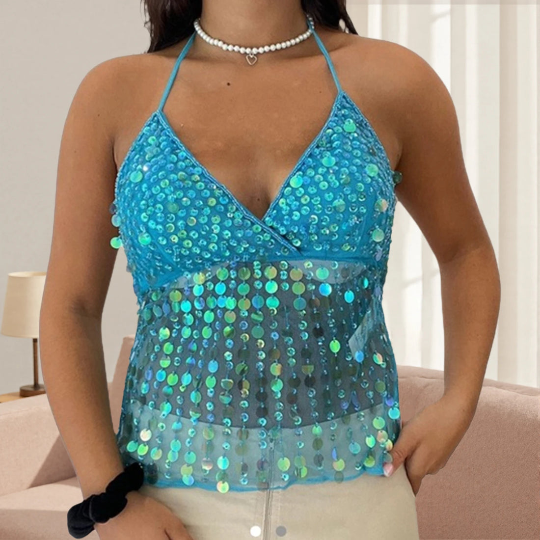 Sequin Halter Neck Crop Top | Open Back Retro Cami Women – Party Top