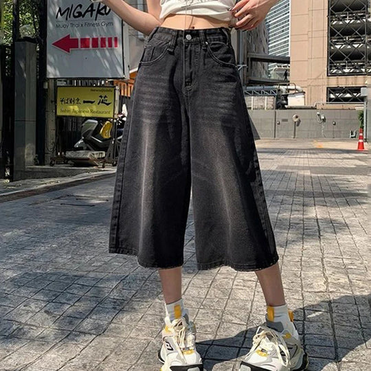 Y2K Baggy Jeans Women | High Waist Washed Wide Leg Denim Shorts