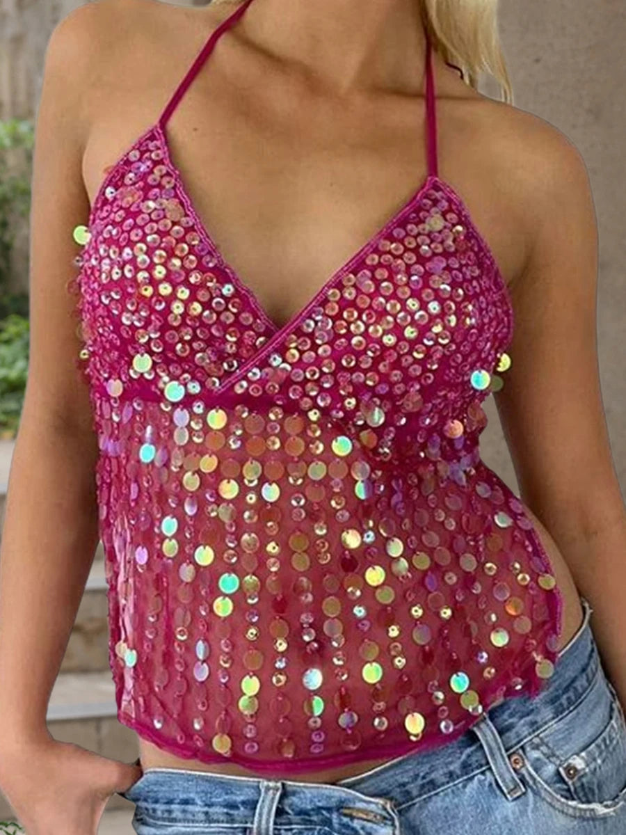 Sequin Halter Neck Crop Top | Open Back Retro Cami Women – Party Top