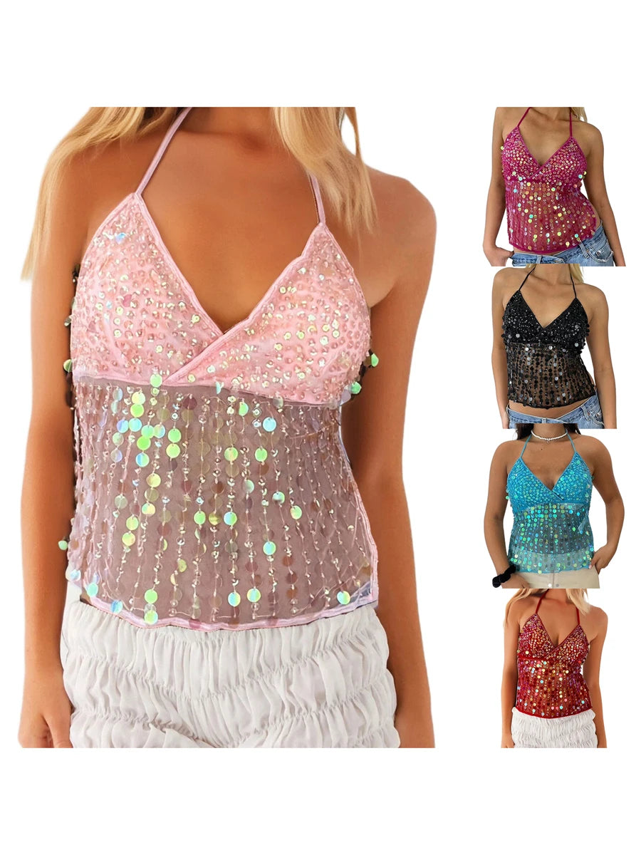Sequin Halter Neck Crop Top | Open Back Retro Cami Women – Party Top