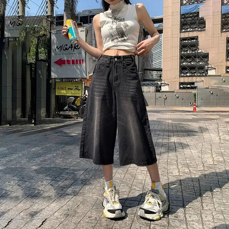 Y2K Baggy Jeans Women | High Waist Washed Wide Leg Denim Shorts