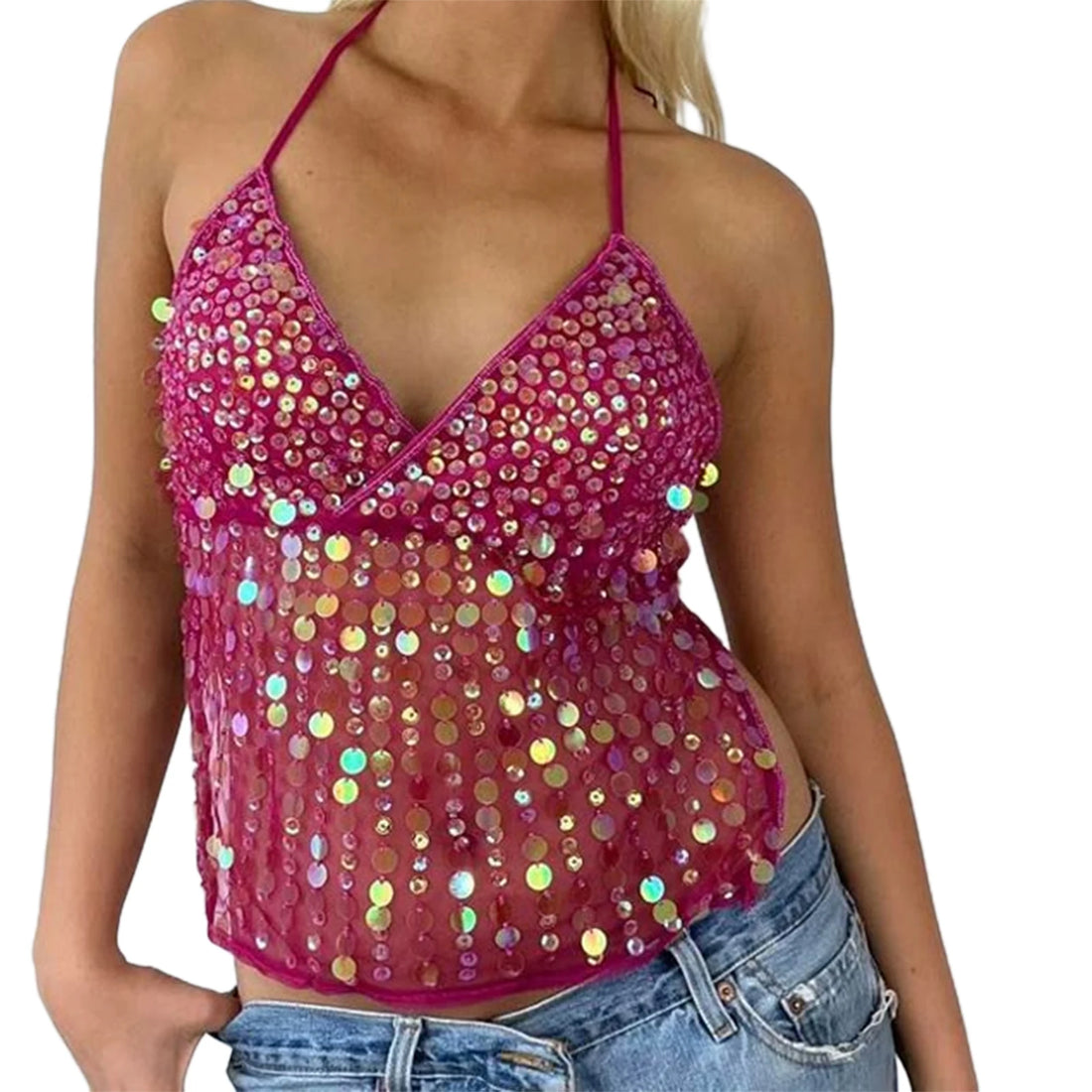 Sequin Halter Neck Crop Top | Open Back Retro Cami Women – Party Top