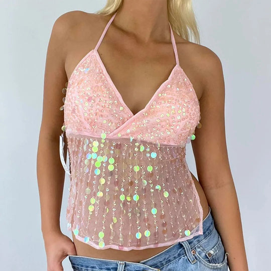Sequin Halter Neck Crop Top | Open Back Retro Cami Women – Party Top