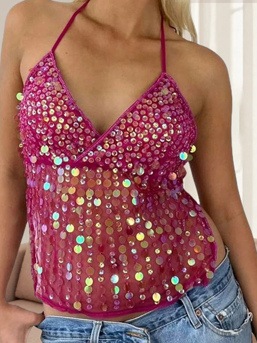 Sequin Halter Neck Crop Top | Open Back Retro Cami Women – Party Top