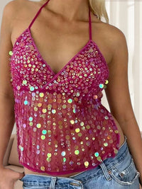 Women's Solid Color Halter Neck Crop Tops Summer Sleeveless V neck Open Back Slim Fit Tie Up Sequins Camis Tops
