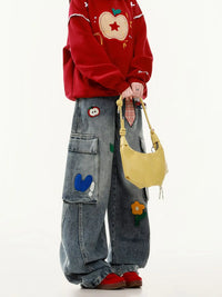 Embroidered Harajuku women's jeans American casual style retro straight leg high street wide leg pants Y2k loose jeans for womem