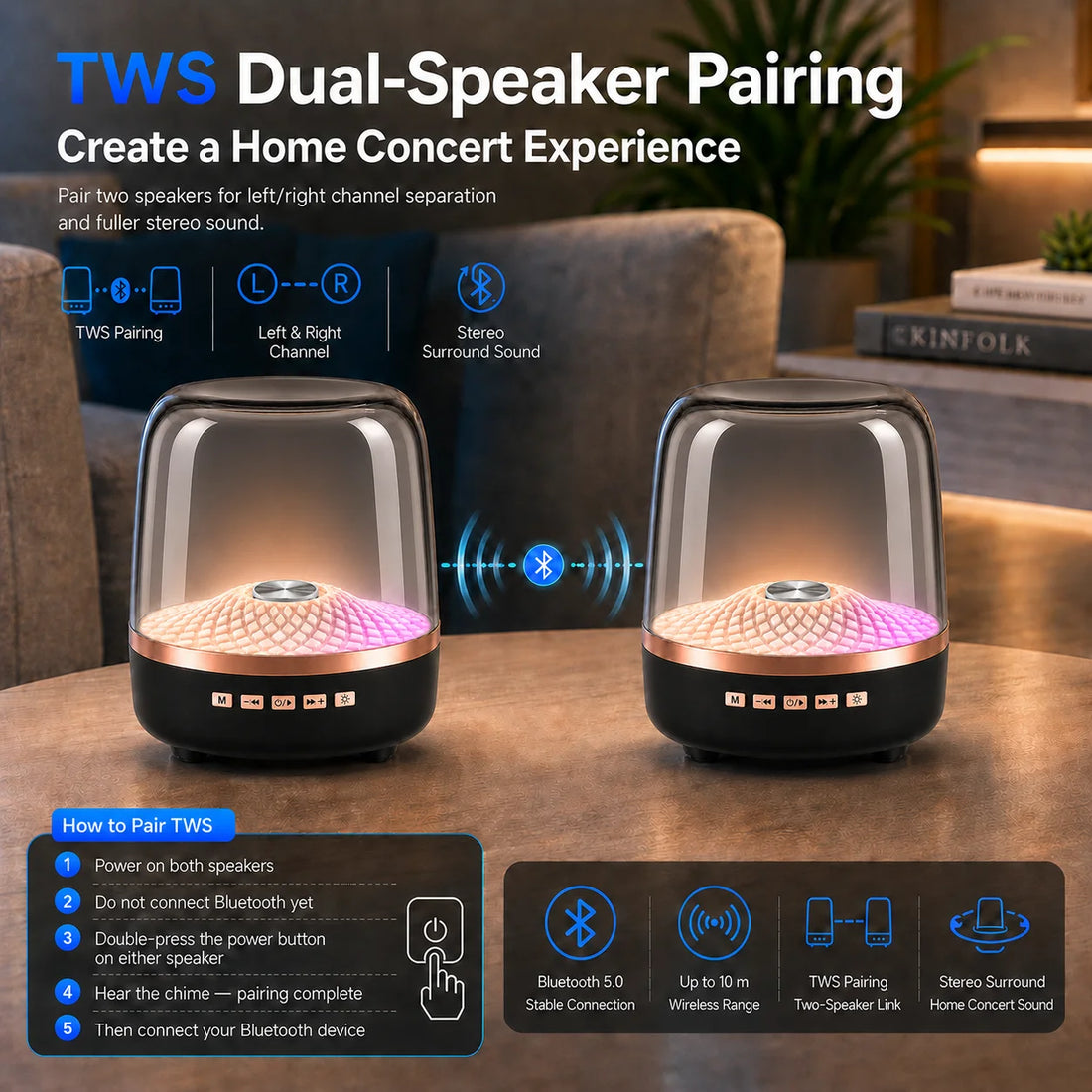 Portable Bluetooth Soundbar | Hi-Fi Bass Speaker with LED Breathing Lamp