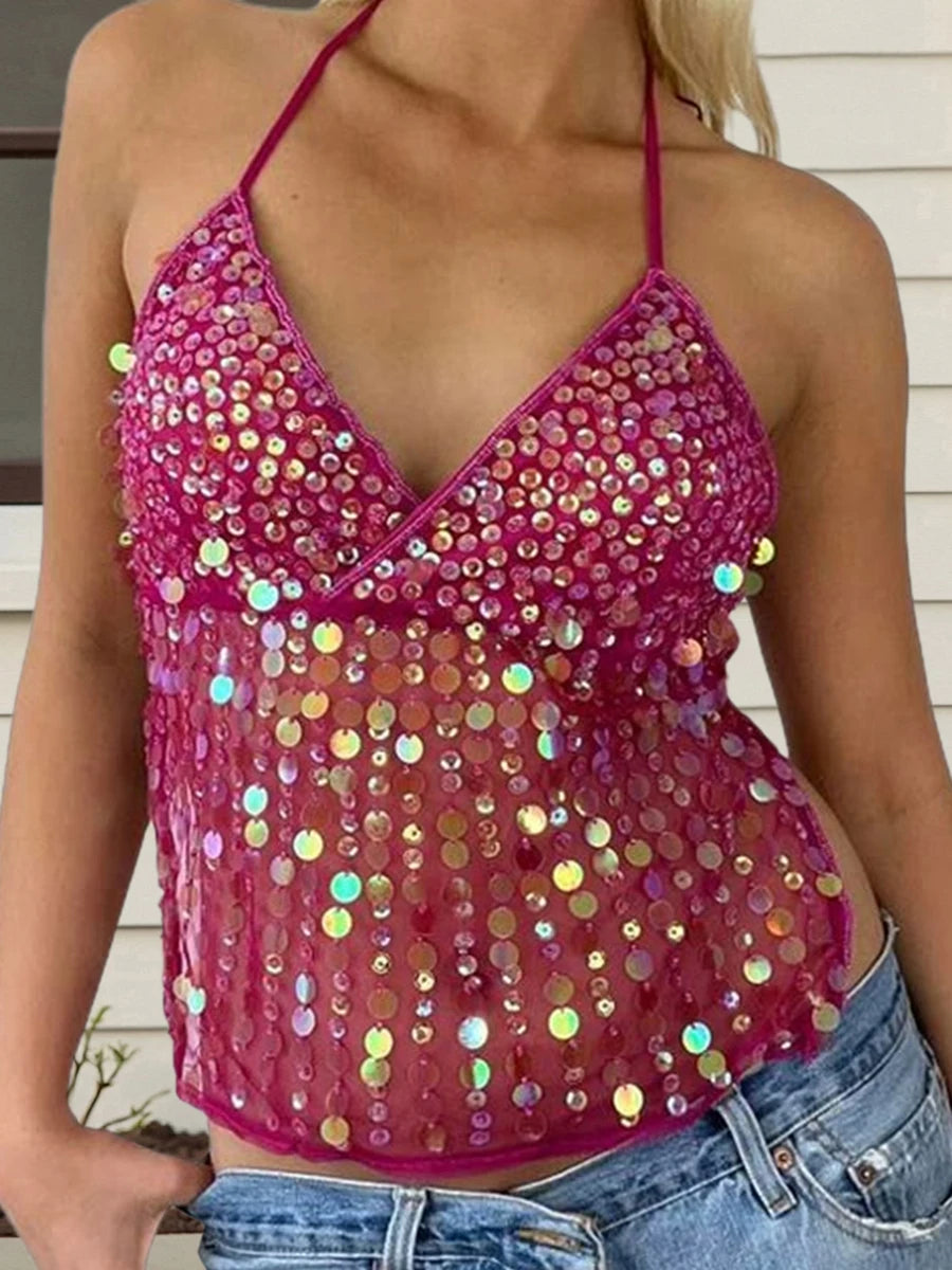 Sequin Halter Neck Crop Top | Open Back Retro Cami Women – Party Top