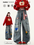 Embroidered Harajuku Wide Leg Jeans | Y2K Retro American Streetwear Women