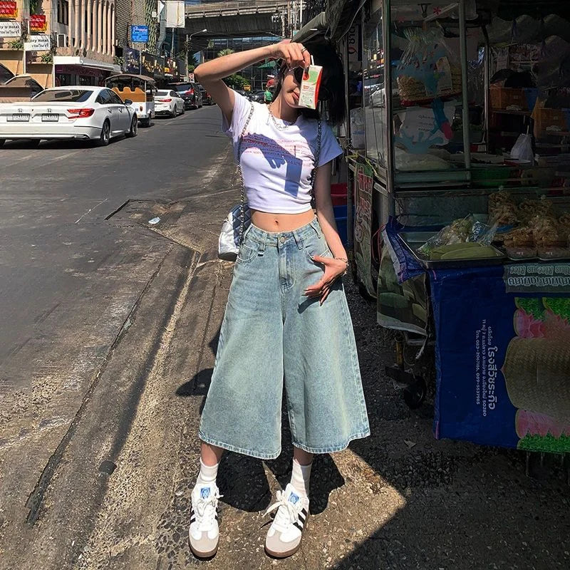 Y2K Baggy Jeans Women | High Waist Washed Wide Leg Denim Shorts