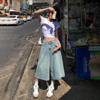 Summer American Style Vintage Women Baggy Jeans Y2k Loose Washed High Waist Knee Length Denim Pants Streetwear Wide Leg Shorts